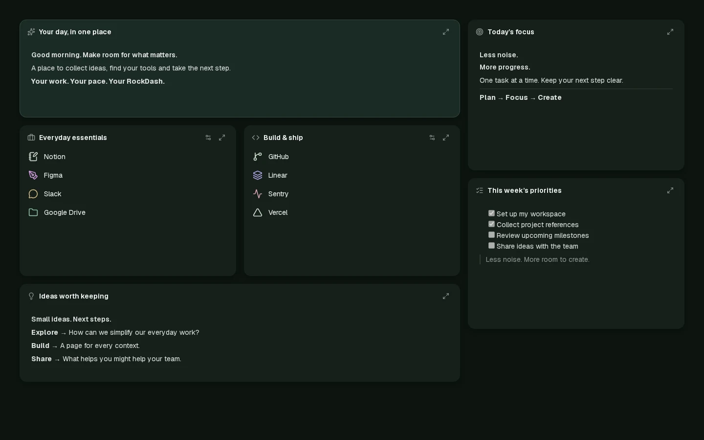 Captura do RockDash com links, notas e cards em uma página de demonstração.